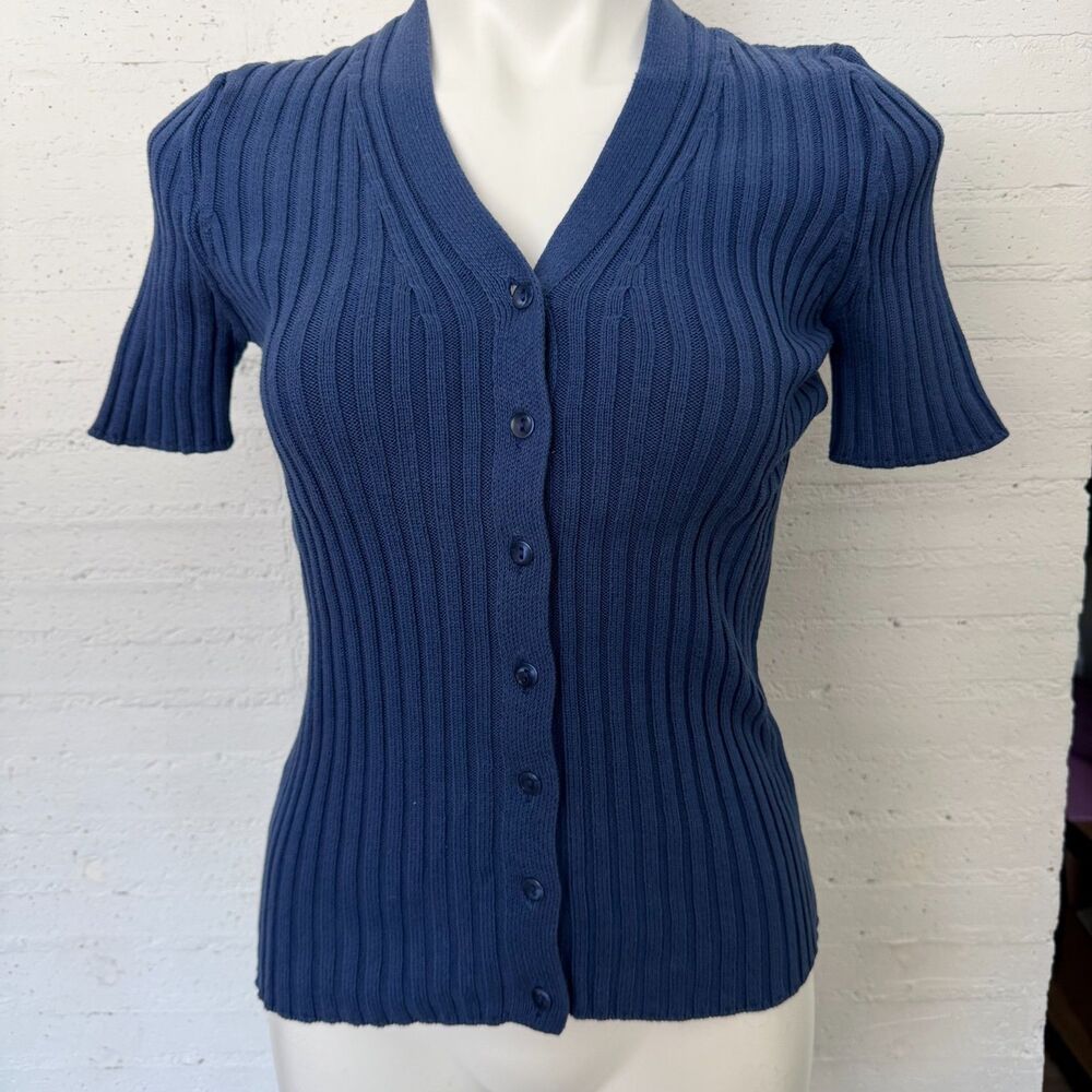Vtg. St Michael Marks & Spencer Stretch Ribbed Short Sleeve Sweater Cardigan M